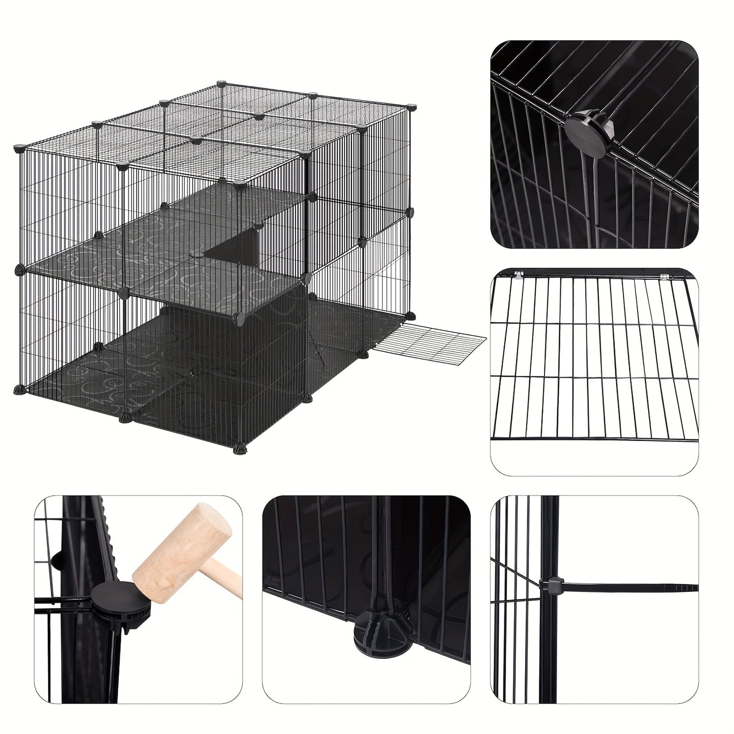 Cage d'extérieur avec panneaux de sol, cage à lapins, parc pour hamster, enclos pour chat, enclos pour petits animaux, cage pour chat, espacement des barreaux 1,5 cm, noir et blanc 105X70X70 cm