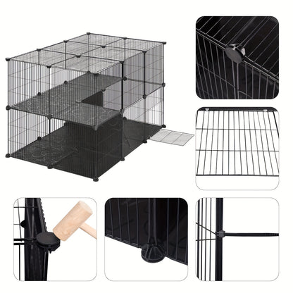 Cage d'extérieur avec panneaux de sol, cage à lapins, parc pour hamster, enclos pour chat, enclos pour petits animaux, cage pour chat, espacement des barreaux 1,5 cm, noir et blanc 105X70X70 cm