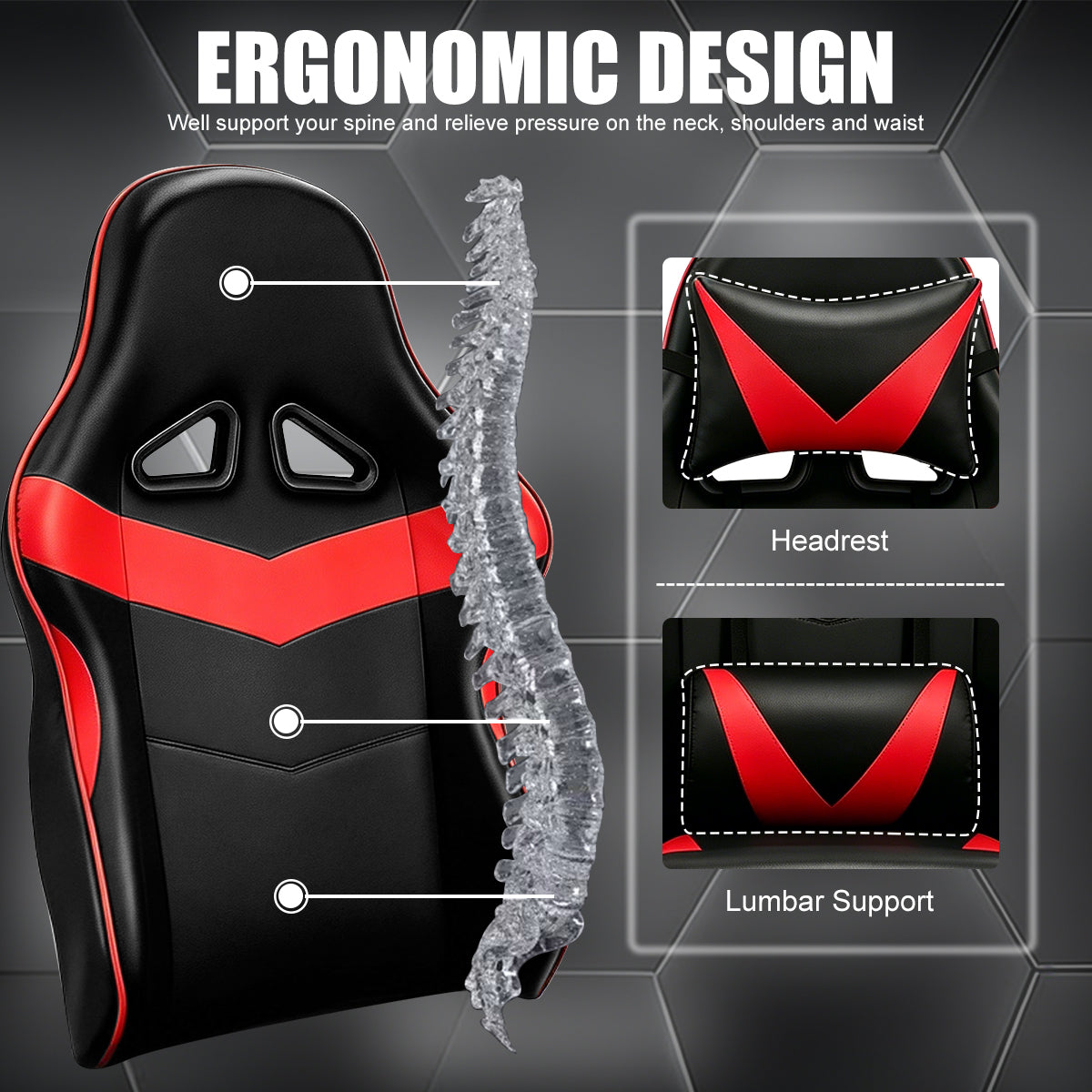 Chaise de Gaming Ergonomique avec Repose-Pieds - Pivotante à 360°, Réglable en Hauteur, Support Lombaire, Mécanisme d'Inclinaison Manuelle, Texture Simili, Rembourrage en Mousse et Cadre en Acier Inoxydable - Pour PC/Bureau