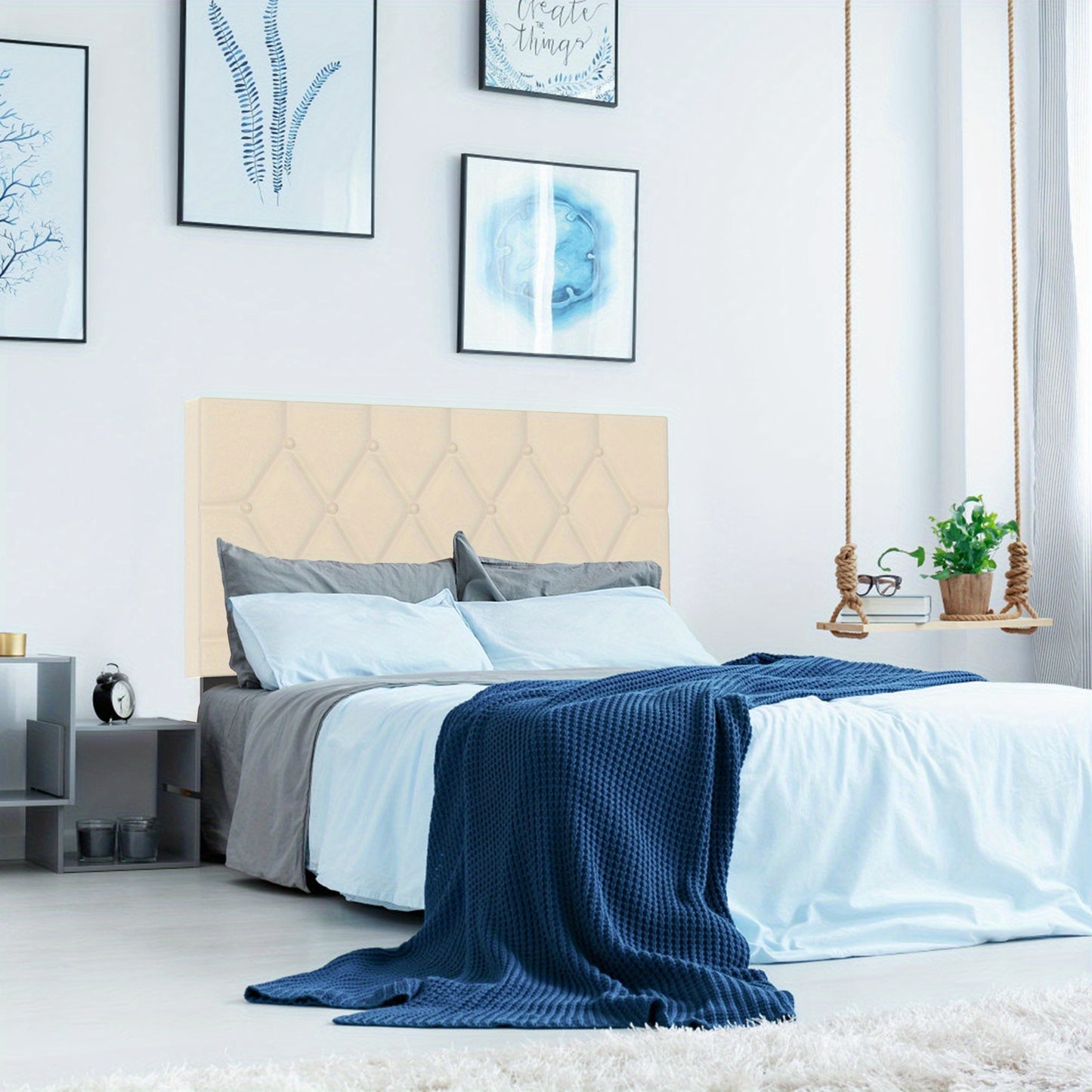 Lit de 90/140/160 x 200 cm en Similicuir avec Tête de Lit et Plateforme, Cadre de Lit Matelassé Beige pour Chambre à Coucher