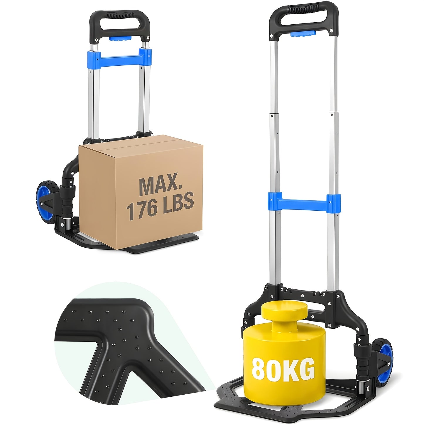 Diable pliant, chariot manuel de transport léger avec une capacité de charge de 80 kg, réglage de la hauteur à 3 niveaux et pliage en quelques secondes, chariot manuel pliant avec roues en TPR, patins antidérapants et poignée ergonomique