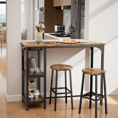 Ensemble de table et de chaises de bar 3 pièces, ensemble de table de bar moderne en fonte noire avec 2 tabourets, ensemble de table industrielle et de tabouret de bar, plateau en bois, table de pub rectangulaire avec étagères et porte-verres, pour cuisin