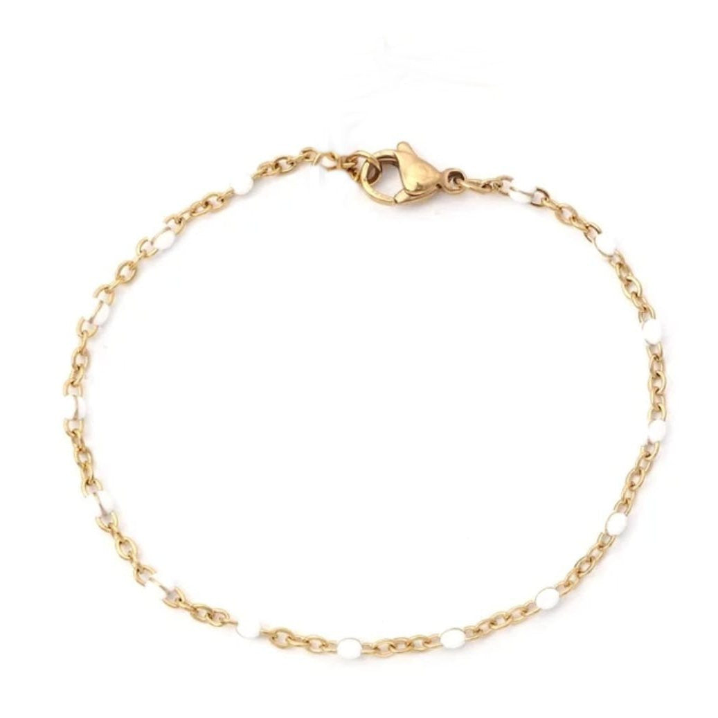 Bracelet perles d'email chaine acier inoxydable couleur or artisanal fait main