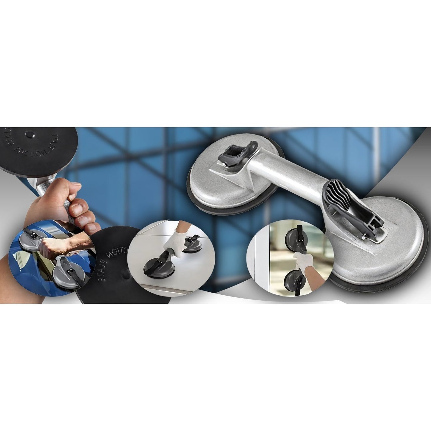 Double Ventouse pour Verre, Vitrage de Carrelage, Supports en Aluminium, Releveur Professionnel avec Levier Mécanique, Surface Antidérapante, Diamètre 2x11,5 cm, Capacité de Charge 60–100 kg, Corps Robuste en Aluminium, Poignée Ergonomique pour Transport