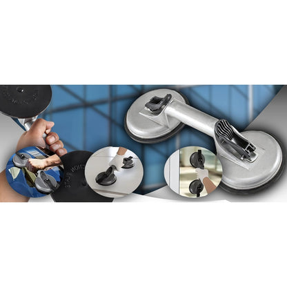 Double Ventouse pour Verre, Vitrage de Carrelage, Supports en Aluminium, Releveur Professionnel avec Levier Mécanique, Surface Antidérapante, Diamètre 2x11,5 cm, Capacité de Charge 60–100 kg, Corps Robuste en Aluminium, Poignée Ergonomique pour Transport
