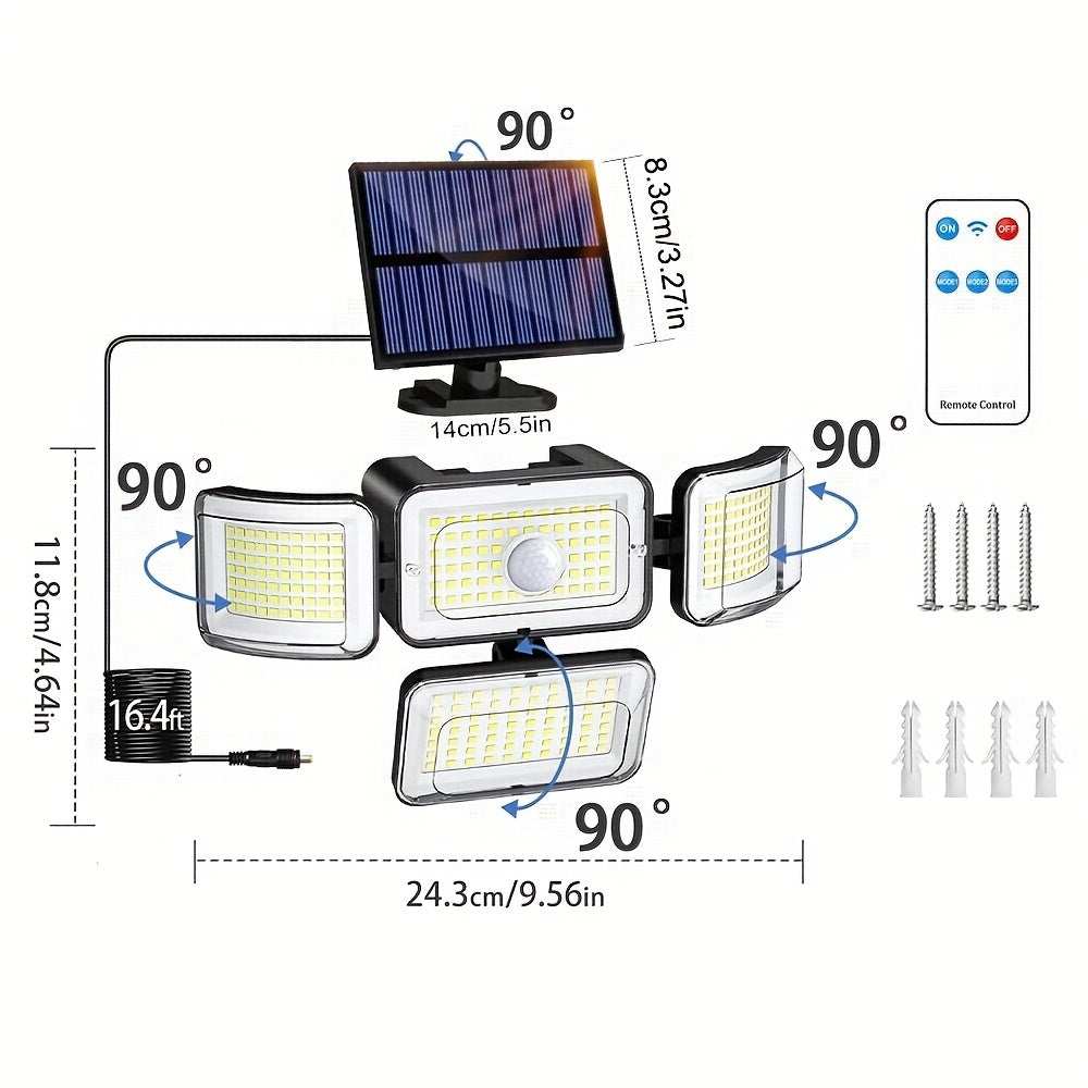 Lot de 2/4 pièces lampes solaires extérieures à détection de mouvement avec télécommande, 288 LED, lampe murale solaire avec 4 modes d'éclairage, projecteur de sécurité à angle large 270°, sans câblage requis, pour garage, jardin, allée, terrasse