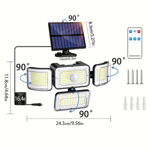 Lot de 2/4 pièces lampes solaires extérieures à détection de mouvement avec télécommande, 288 LED, lampe murale solaire avec 4 modes d'éclairage, projecteur de sécurité à angle large 270°, sans câblage requis, pour garage, jardin, allée, terrasse
