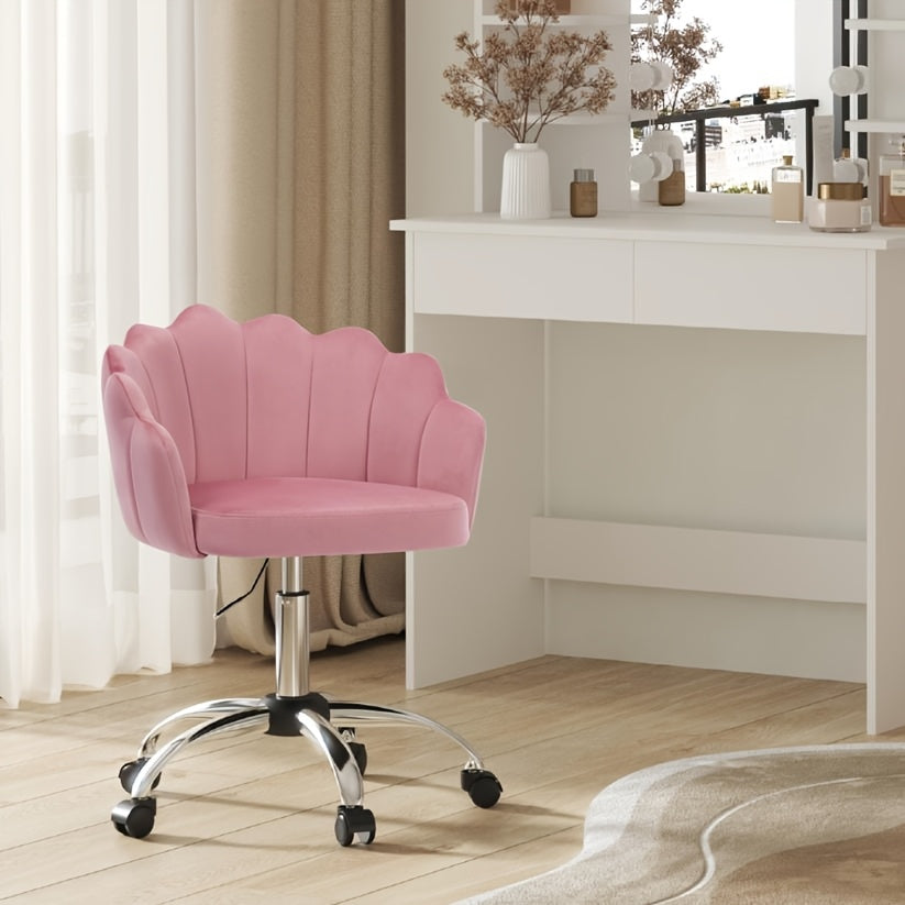 1pc Chaise de Bureau Maison, Chaise de Bureau, Chaise de Cosmétique, Chaise en Velours avec Dossier en Forme de Pétale - Confortable et Belle, Chaise Pivotante avec Roulettes, Hauteur de Chaise Réglable, Base en Métal, Facile à Assembler