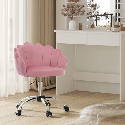 1pc Chaise de Bureau Maison, Chaise de Bureau, Chaise de Cosmétique, Chaise en Velours avec Dossier en Forme de Pétale - Confortable et Belle, Chaise Pivotante avec Roulettes, Hauteur de Chaise Réglable, Base en Métal, Facile à Assembler
