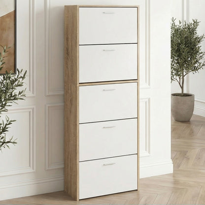 Meuble à chaussures fin avec 5 compartiments à rabat, armoire à chaussures en bois pour jusqu'à 15 paires, organisateur d'entrée peu encombrant