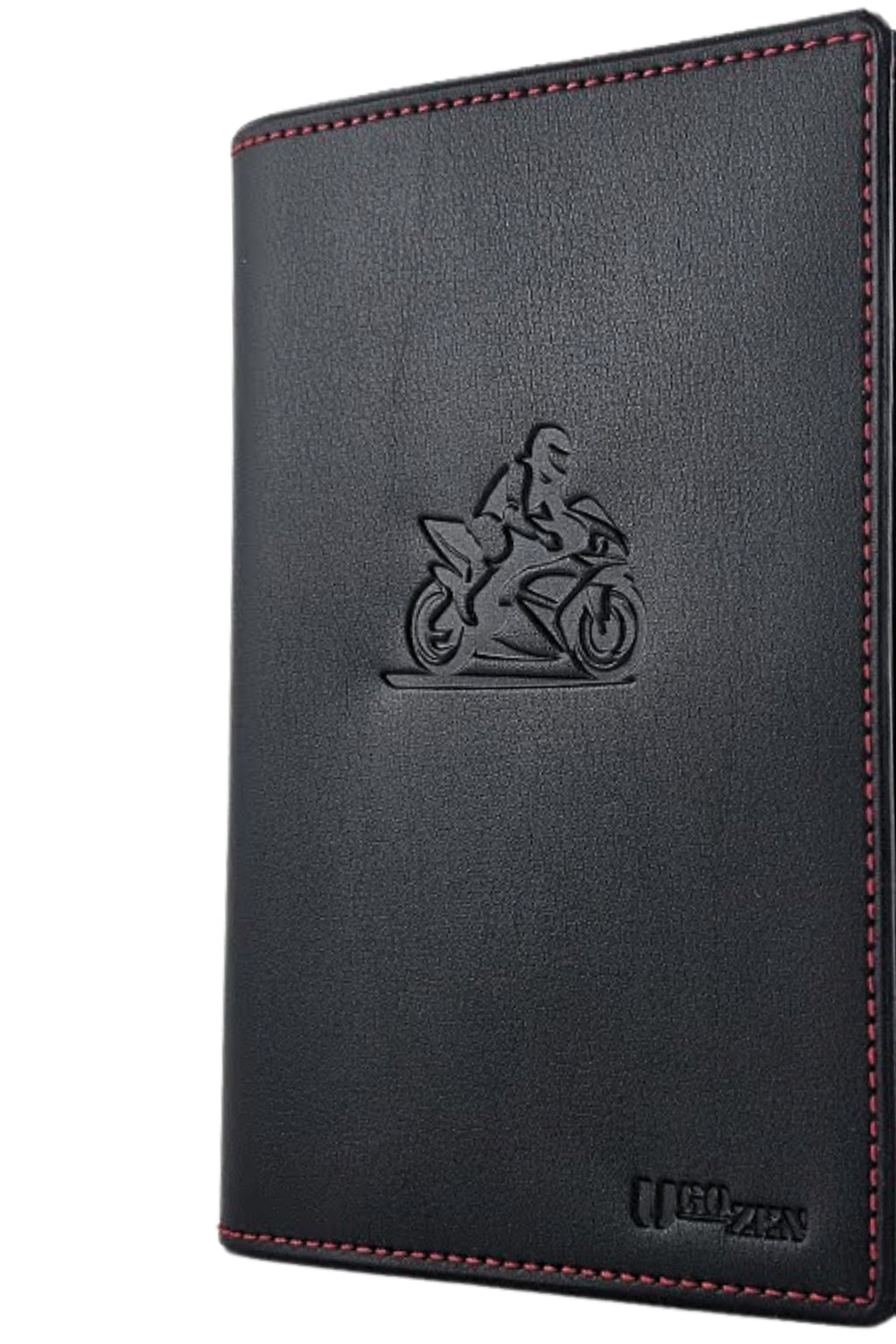 Pochette carte grise simili cuir noir cousu rouge Moto LUXEO, étui de carte grise transparent inclus