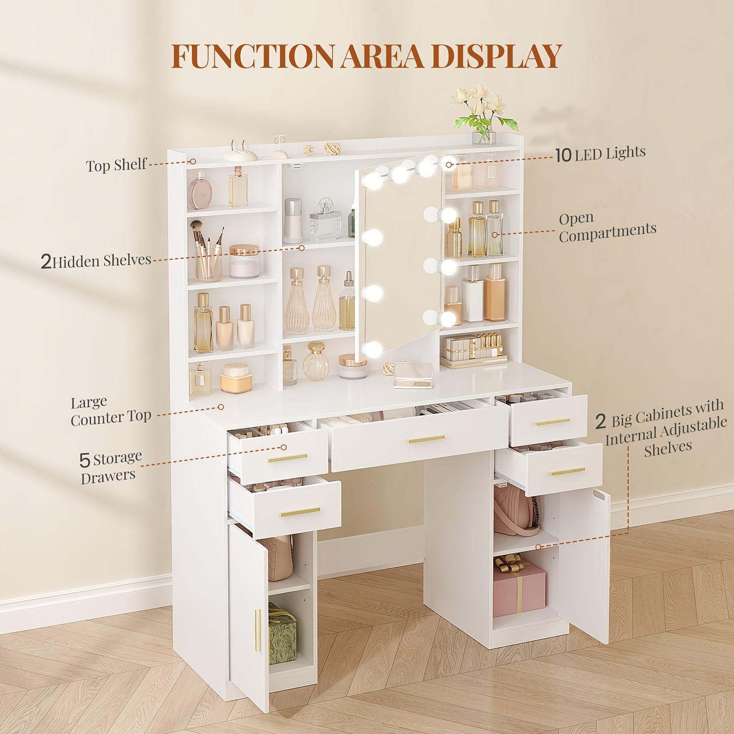 Table de Toilette avec Miroir, Équipée de 10 Lumières LED, Luminosité Réglable, 5 Tiroirs, 2 Meubles, et 9 Étagères Ouvertes, Incluant des Étagères Disposées, Convient pour une Chambre à Coucher, Mesurant 40 × 108 × 144 Cm, en Blanc