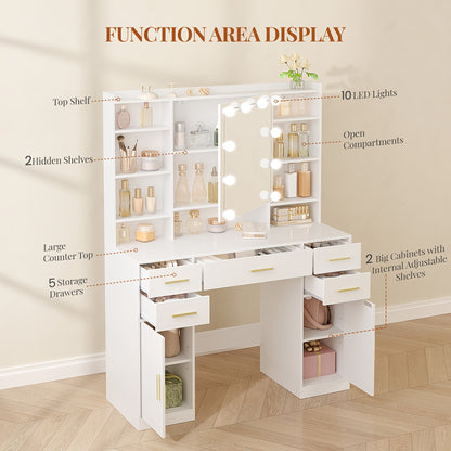 Table de Toilette avec Miroir, Équipée de 10 Lumières LED, Luminosité Réglable, 5 Tiroirs, 2 Meubles, et 9 Étagères Ouvertes, Incluant des Étagères Disposées, Convient pour une Chambre à Coucher, Mesurant 40 × 108 × 144 Cm, en Blanc