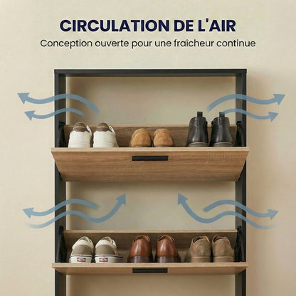 Meuble à chaussures fin avec 5 compartiments à rabat, armoire à chaussures en bois pour jusqu'à 15 paires, organisateur d'entrée peu encombrant