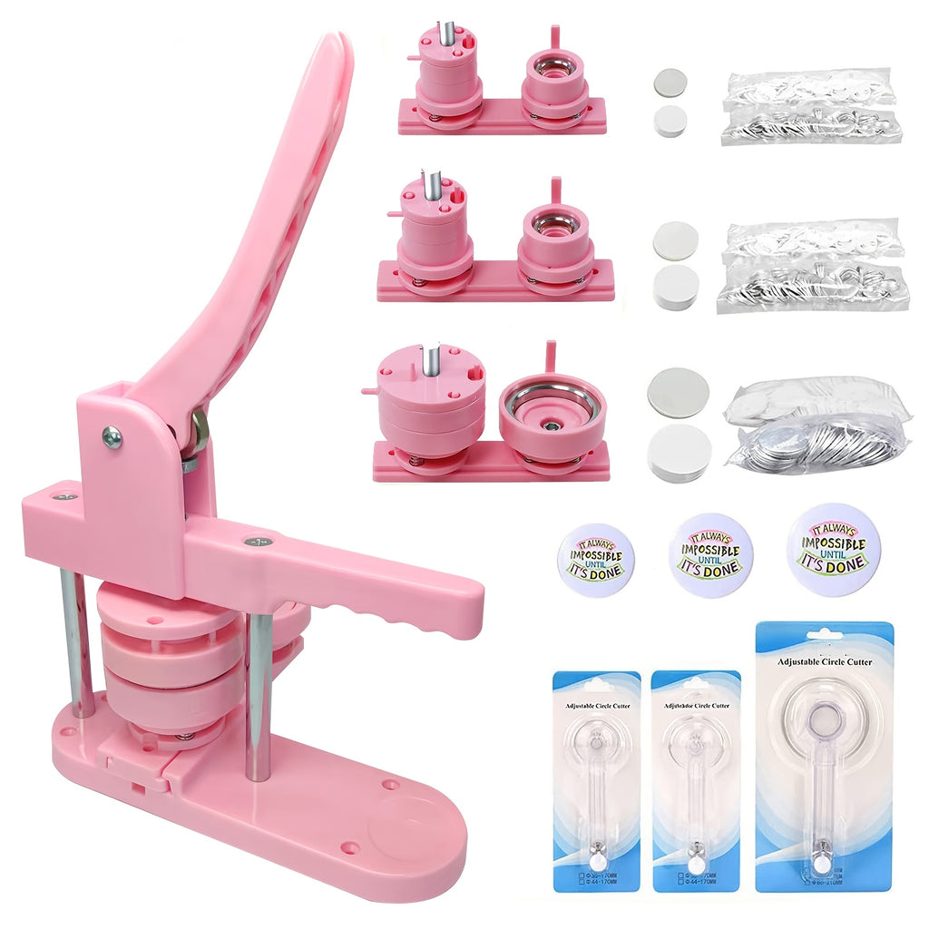 Machine à badges 3 en 1 DIY avec 300 pièces de boutons (moules 25mm/32mm/58mm) - Plastique technique haute résistance rose vif, manche à pression facile et interrupteur gauche/droite pour épingles, artisanat, articles promotionnels, outil compact de créat
