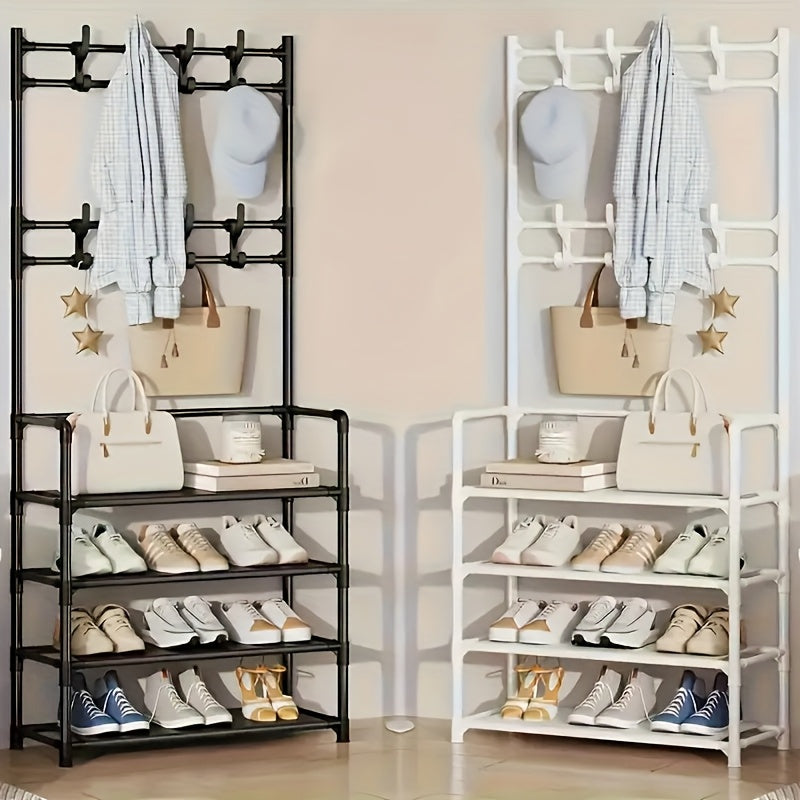 Porte-Chaussures Économiseur d'Espace - Porte-Manteau à 5 Niveaux avec 8 Crochets, Structure Solide en Métal Doré/Plastique, Design Autoportant ou Mural pour Maison, Bureau et Magasin - Idéal pour Ranger Chaussures, Manteaux, Chapeaux, etc., Cadeau d'Hall