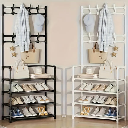 Porte-Chaussures Économiseur d'Espace - Porte-Manteau à 5 Niveaux avec 8 Crochets, Structure Solide en Métal Doré/Plastique, Design Autoportant ou Mural pour Maison, Bureau et Magasin - Idéal pour Ranger Chaussures, Manteaux, Chapeaux, etc., Cadeau d'Hall
