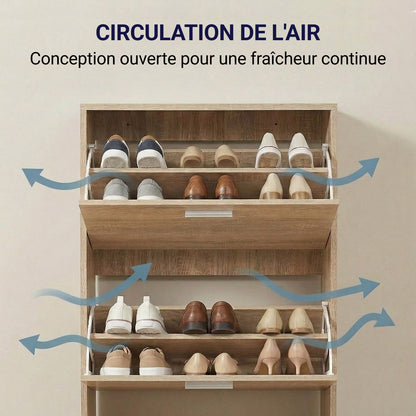 Meuble à chaussures avec 3 compartiments à abattant, armoire de rangement en bois pour jusqu'à 18 paires, organisateur d'entrée peu encombrant