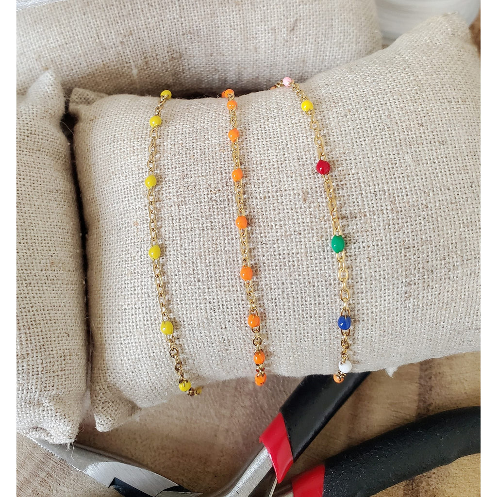 Bracelet perles d'email chaine acier inoxydable couleur or artisanal fait main