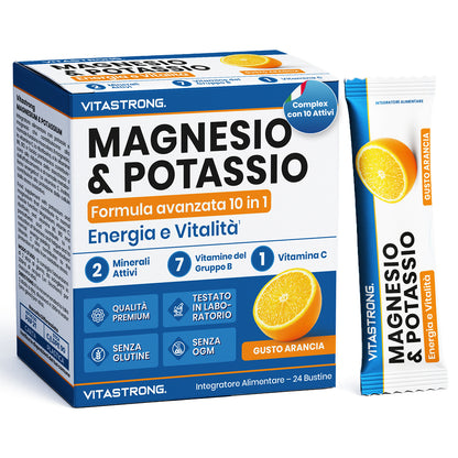 Formule Vitastrong Magnésium et Potassium 10-en-1, Bâtonnets Multivitamines Intégrateur Potassium et Magnésium 24 avec Vitamine C et Vitamines du Groupe B, Sans Saccharose, Gluten, Goût d'Orange