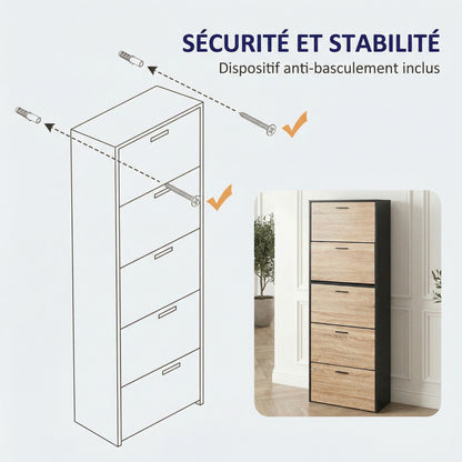 Meuble à chaussures fin avec 5 compartiments à rabat, armoire à chaussures en bois pour jusqu'à 15 paires, organisateur d'entrée peu encombrant