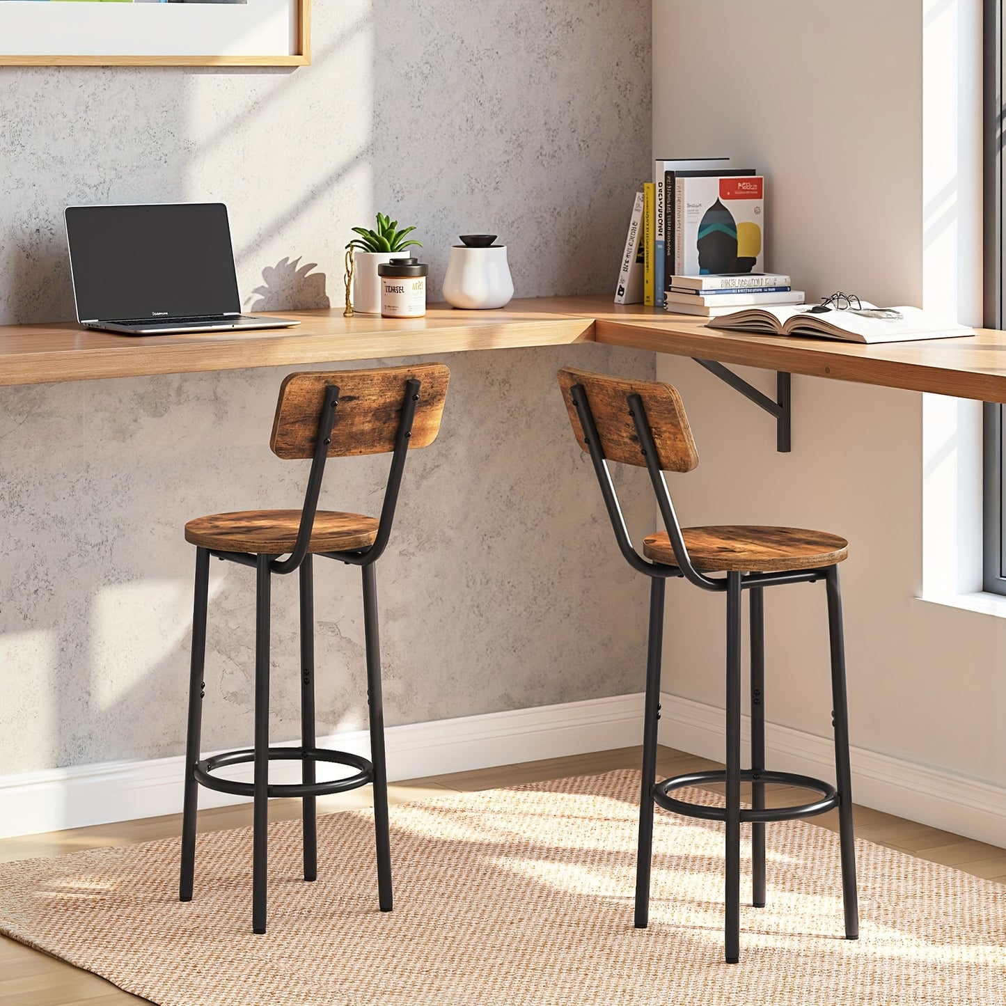 Tabourets de bar simples marron et noir, 2 pièces, tabourets de bar ronds avec dossier, chaise de bar de 25,2 pouces, convient pour cuisine, salle à manger, tabourets de bar hauteur comptoir, faciles à assembler