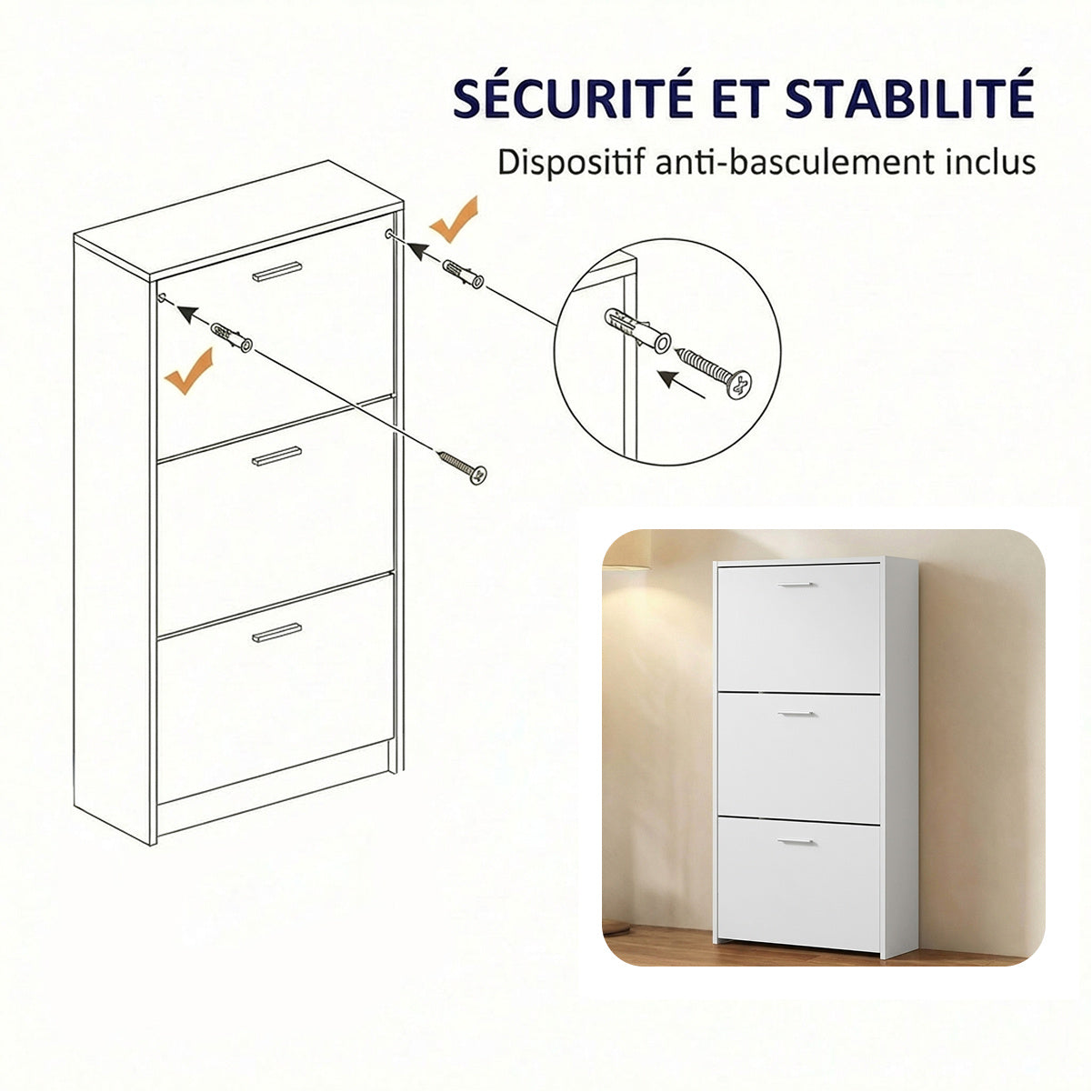 Meuble à chaussures avec 3 compartiments à abattant, armoire de rangement en bois pour jusqu'à 18 paires, organisateur d'entrée peu encombrant