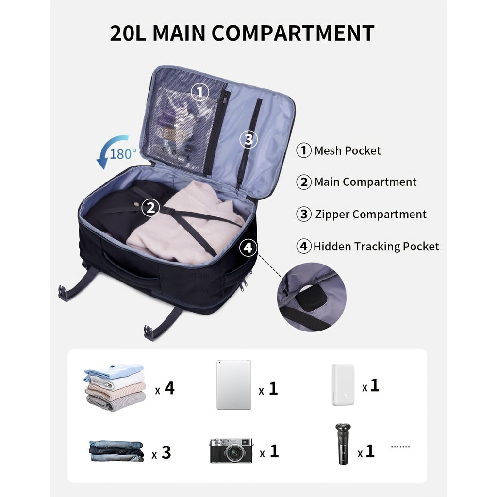 Sac Cabine Approuvé pour Avion 20L Capacité 40X20X25Cm Sac à Dos | Ordinateur Portable Sous Siège Bagage Cabine avec Poche Antivol | Sac de Vol Patenté pour Unisexe