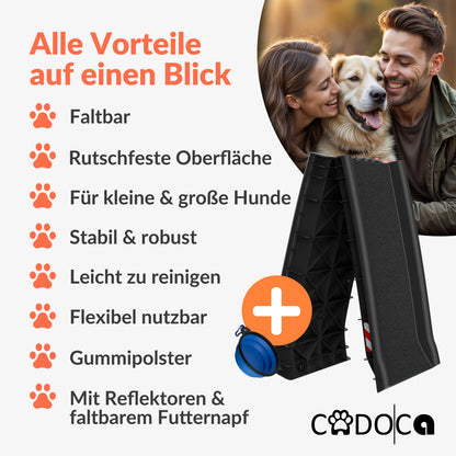 CADOCA® Rampe pour Chien Pliable Auto 90KG Compacte 156X40Cm Poignée de Transport Boucle de Sécurité Réflecteurs Gamelle d'Eau Chien Chat Antidérapant Aide à l'Entrée Facile