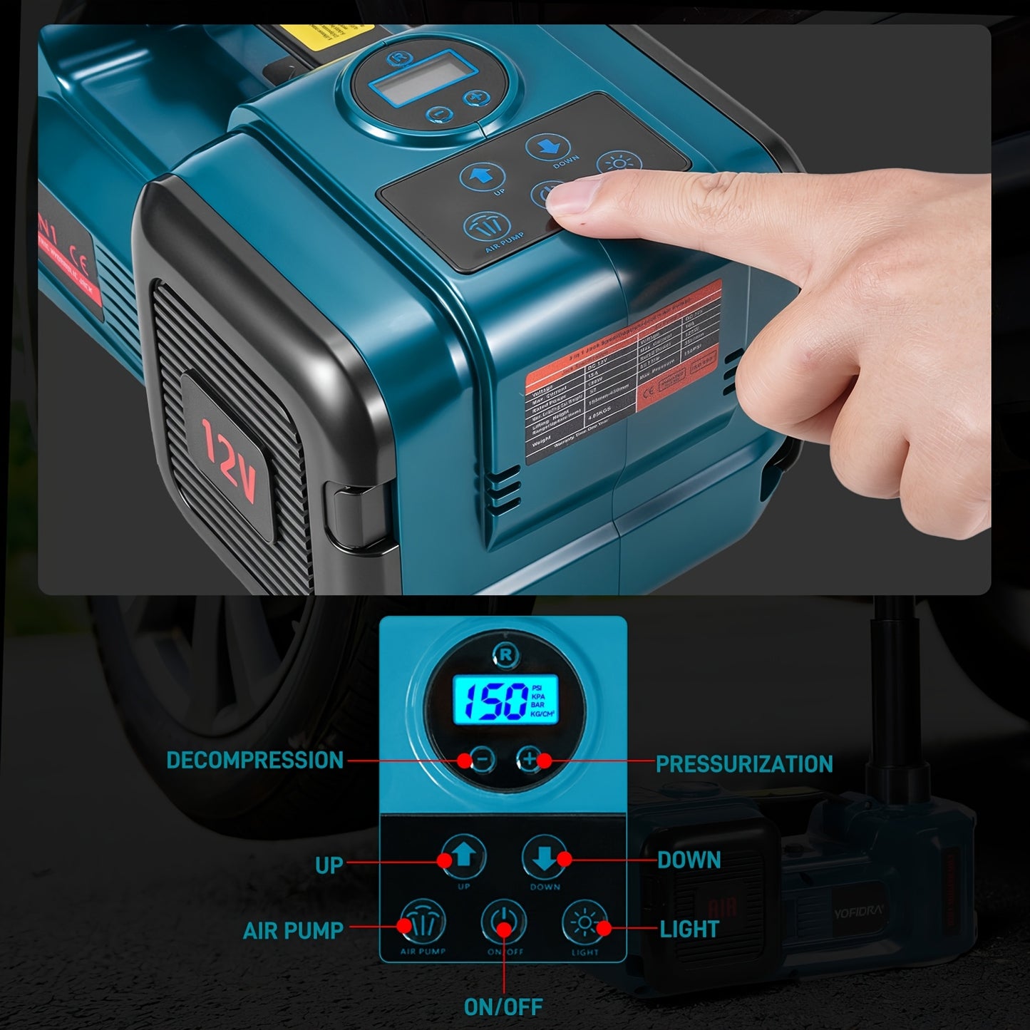 Cric Électrique 5 Ton 12V Cric Hydraulique avec Pompe de Gonflage, Lumière LED et Affichage Numérique, pour SUV MPV Berline Camion Changement de Pneus Réparation Garage, Hauteur de Levage de 5.7 à 52.83 cm