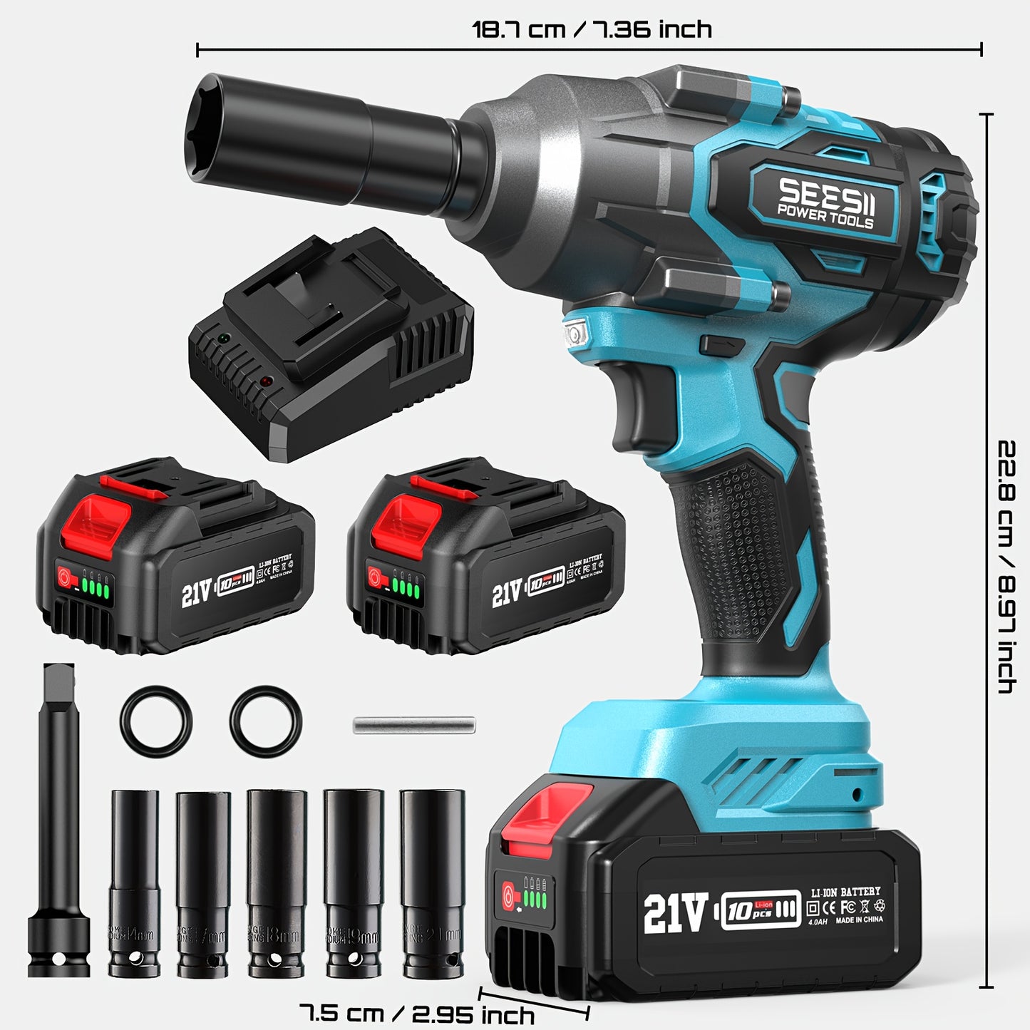 Clé à choc SEESII 950N.M à couple élevé (700 Ft-Lbs), pistolet à choc sans balais 1/2" avec deux batteries 4.0AH, chargeur rapide, 5 douilles et étui de rangement, clé à choc électrique pour voiture et camion
