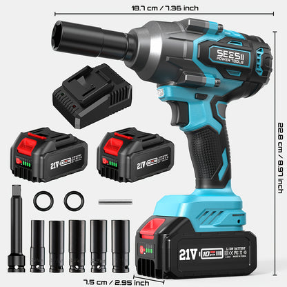 Clé à choc SEESII 950N.M à couple élevé (700 Ft-Lbs), pistolet à choc sans balais 1/2" avec deux batteries 4.0AH, chargeur rapide, 5 douilles et étui de rangement, clé à choc électrique pour voiture et camion