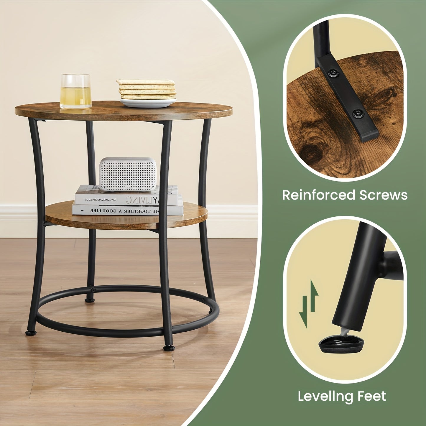 Table d'appoint compacte avec deux étagères, design rond idéal pour salons et chambres, facile à assembler, avec une structure en acier d'un style industriel