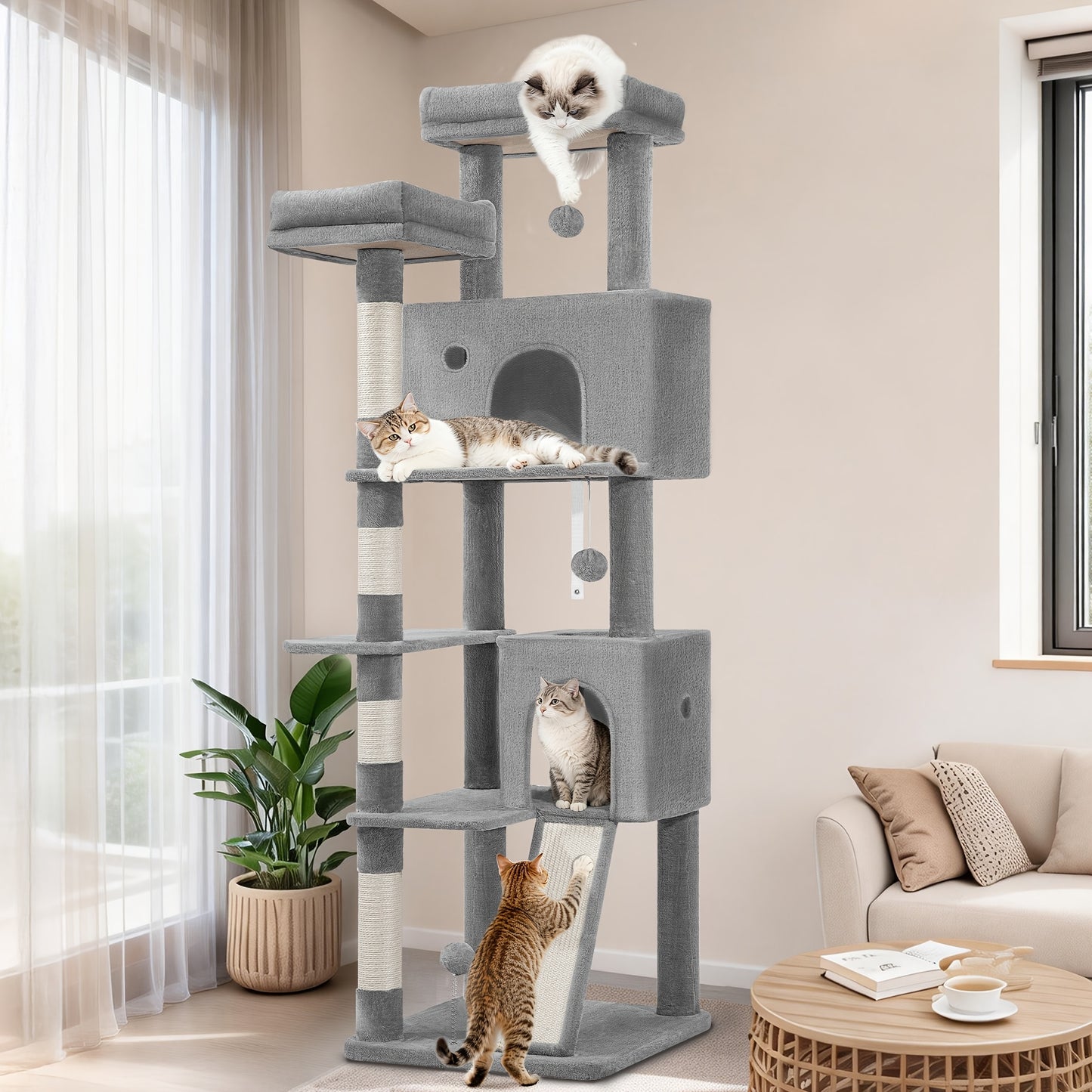 Fobyfurny Arbre à Chat Tour, Arbre à Chat 178cm pour Chats d'Intérieur, Cadre d'Escalade pour Chat Multi-Niveaux avec Griffoirs, Planche à Gratter, 2 Condos Confortables, 2 Perchoirs, Pompons, Place de Repos