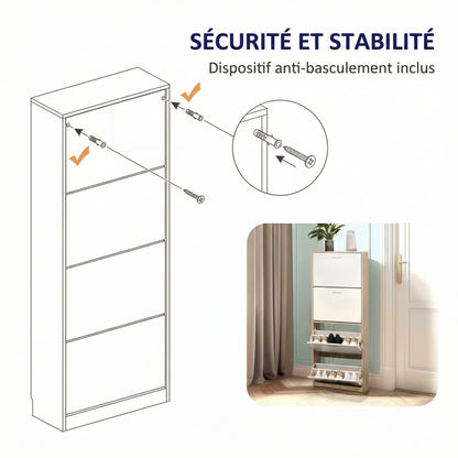 Meuble à chaussures avec 4 compartiments à rabat, armoire à chaussures en bois pour jusqu'à 24 paires, organisateur d'entrée peu encombrant