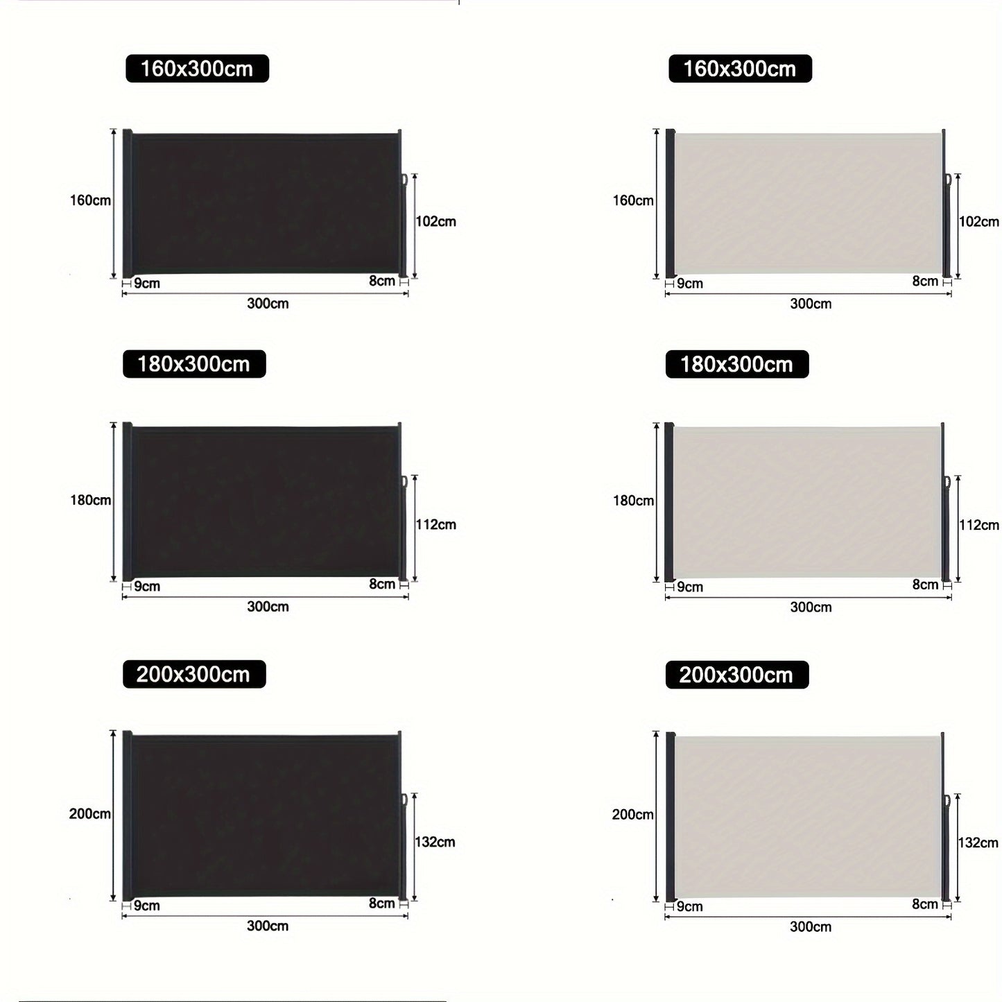 Store latéral, 160X300Cm/180X300Cm/200X300Cm Protection solaire, Écran d'intimité, Protection contre le vent, pour balcon, terrasse, jardin, Gris/Gris foncé