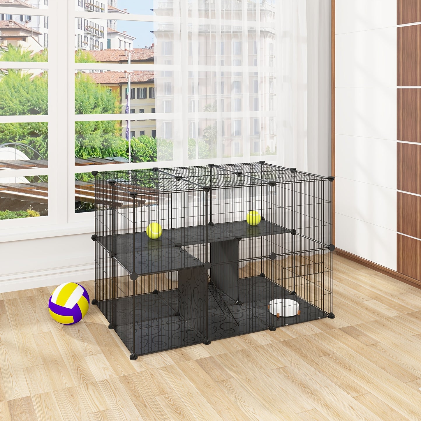 Cage d'extérieur pour lapin, cochon d'Inde, hamsters, chats et petits animaux - Enclos robuste en treillis métallique avec panneaux de sol, cadre spacieux noir et blanc, à assembler - (105x70x70cm)