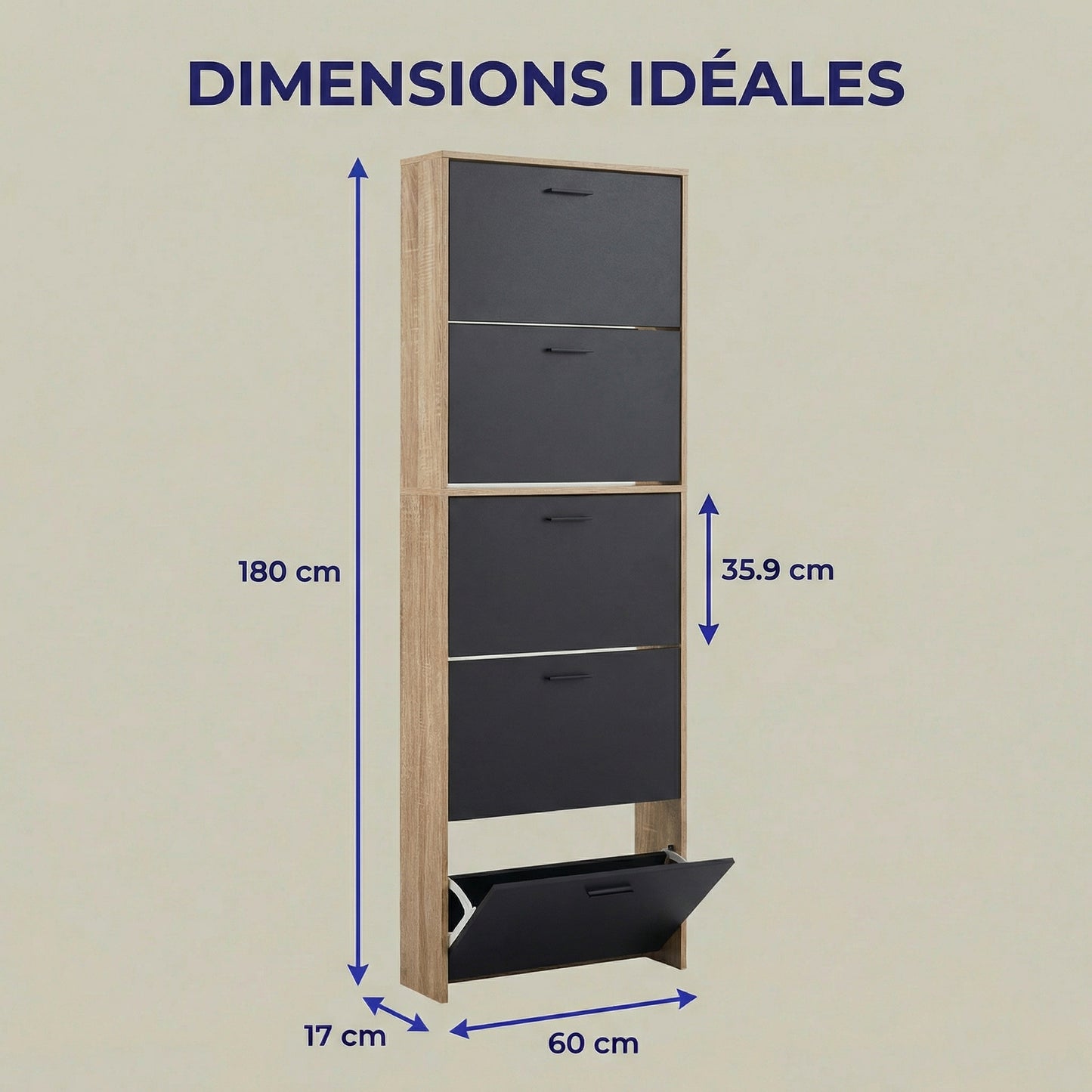 Meuble à chaussures fin avec 5 compartiments à rabat, armoire à chaussures en bois pour jusqu'à 15 paires, organisateur d'entrée peu encombrant