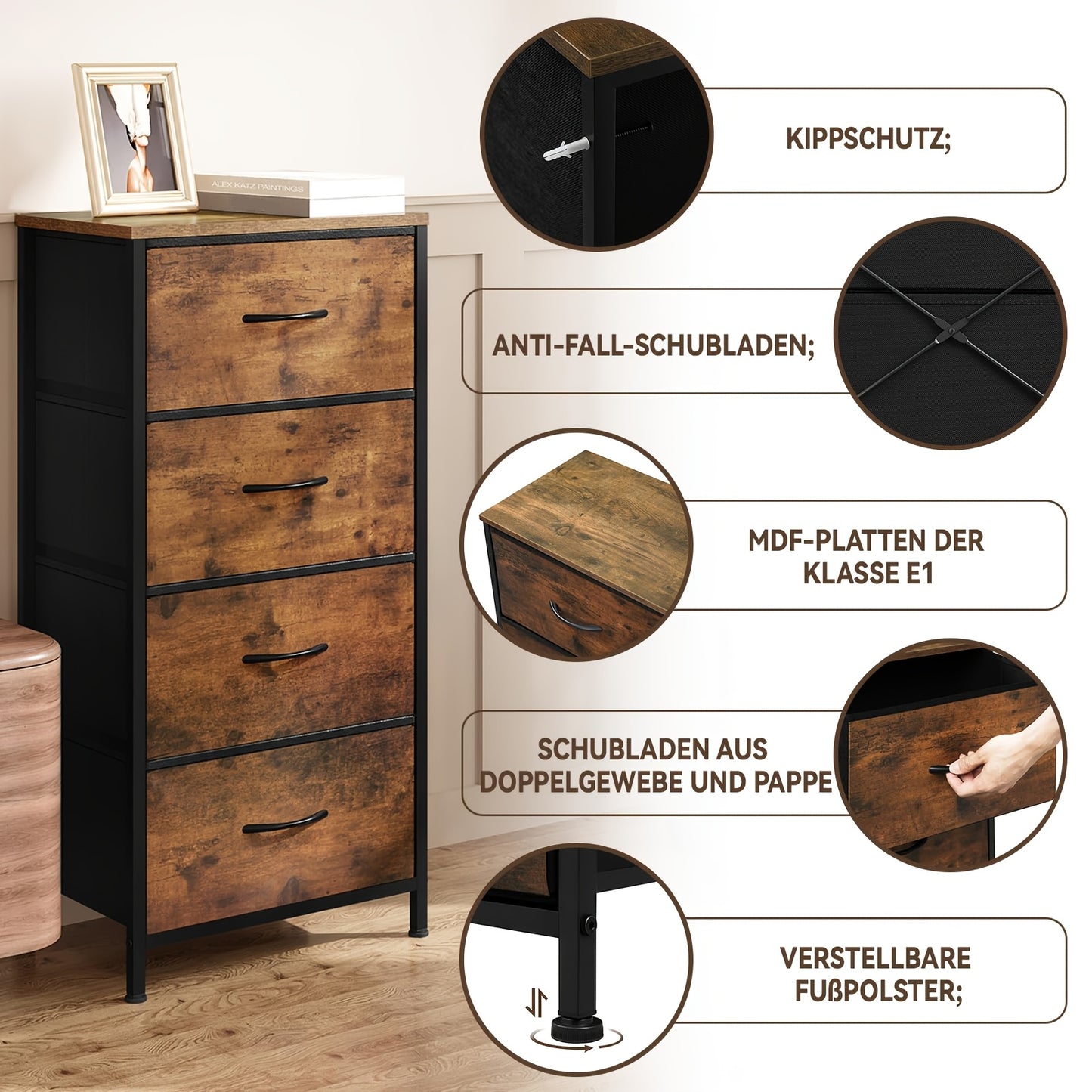 1 tiroir étroit, commode avec 4 tiroirs en tissu, buffet coffre de rangement pour chambre à coucher, salon, couloir, style industriel, brun vintage noir