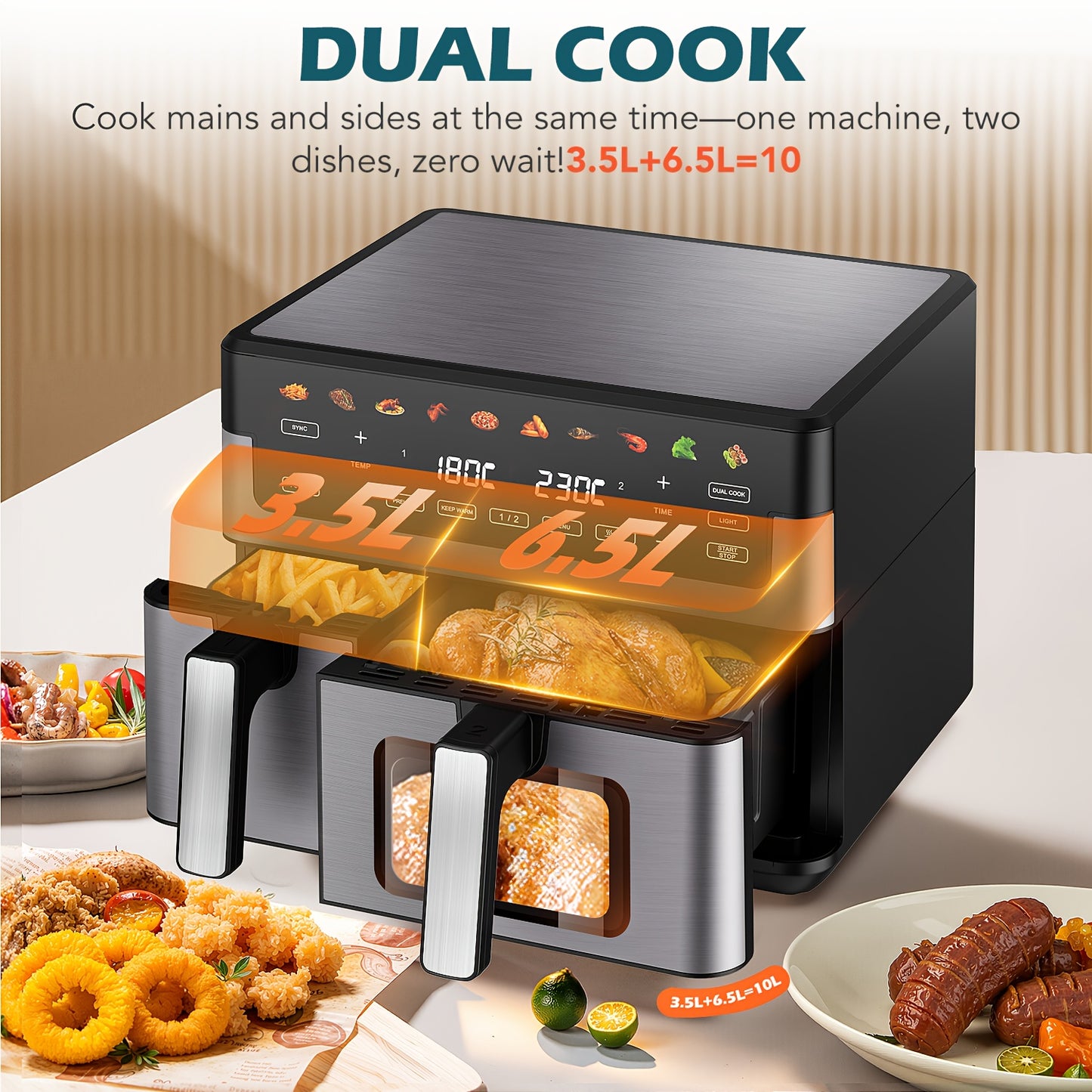 Friteuse à air 10/11L avec deux paniers flexibles, écran tactile numérique, 8 modes de cuisson, température réglable, fenêtre de visualisation, lavable au lave-vaisselle et technologie de cuisson saine pour les familles et la préparation des repas