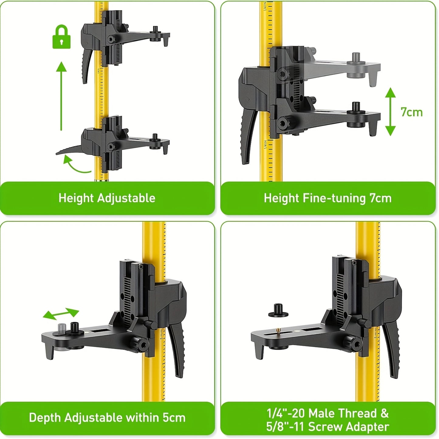 Perche Laser Professionnelle Huepar LP36A 12ft/3.7m Télescopique Réglable avec Trépied & Adaptateurs de Montage Laser 1/4"-20 + 5/8"-11 - Compatible avec Lasers Rotatifs/Lignes