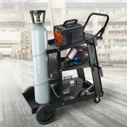 Chariot de soudage VEVOR à 3 niveaux pour charges lourdes avec une capacité de poids de 400 lbs, roues pivotantes à 360°, chaînes de sécurité pour le rangement du réservoir, chariot de soudage MIG à roulettes pour machines de soudage TIG, ARC, MMA et plas