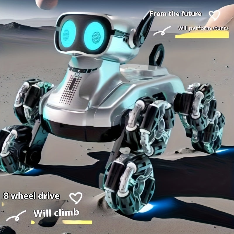 Robot Chien pour Animaux de Compagnie à 8 Roues Améliorées, Voiture de Cascade Intelligente pour Chien, Voiture d'Escalade Déformable à Double Contrôle par Gestes, Véhicule Tout-Terrain Jouet, Batterie à Double Alimentation, Cadeau de Vacances Préféré