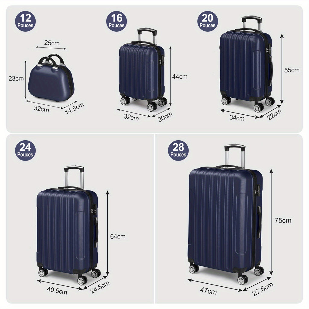 Ensemble de 5 valises cabine rigides avec roulettes pivotantes et serrure TSA, bagages portables légers en ABS pour voyage, affaires (12" 16" 20" 24" 28")