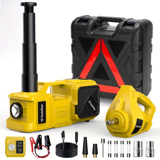 Kit de cric électrique pour voiture, 5 tonnes/4999.95 KG, cric hydraulique 12V avec pompe de gonflage de pneu, kit auto portable pour SUV MPV Berline Camion Changement de pneu Réparation de garage