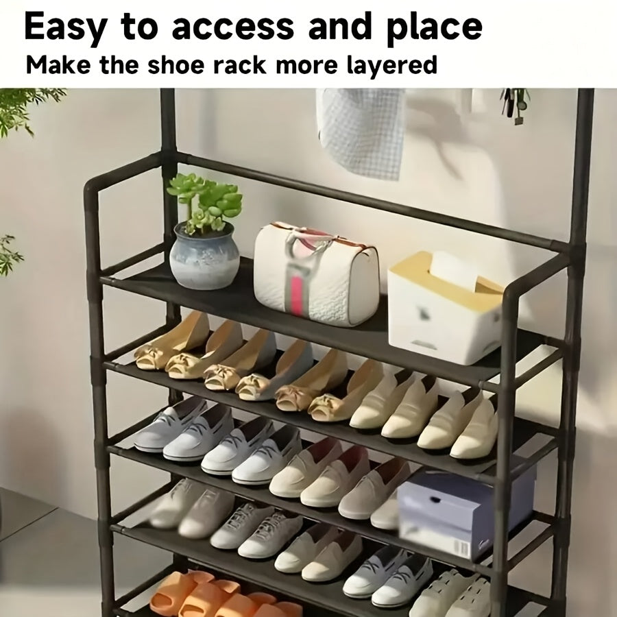 Porte-chaussures de Rangement - Porte-manteau Gain de Place, Porte-chaussures à 5 Niveaux avec 8 Crochets, Structure Robuste en Métal/Plastique Doré, Conception Autoportante ou Murale pour Maison, Bureau et Magasin - Convient pour Ranger Chaussures, Mante