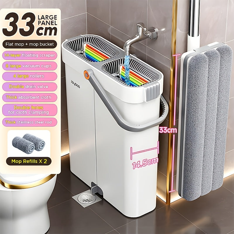 Joybos Balai Plat et Seau avec Essoreuse, Balais Mains Libres Conçus pour Nettoyer les Sols, Dotés d'un Design Slim à Double Compartiment pour Garder l'Eau Propre et Sale Séparées, Adaptés à une Utilisation Sèche et Humide