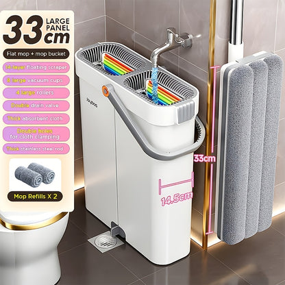 Joybos Balai Plat et Seau avec Essoreuse, Balais Mains Libres Conçus pour Nettoyer les Sols, Dotés d'un Design Slim à Double Compartiment pour Garder l'Eau Propre et Sale Séparées, Adaptés à une Utilisation Sèche et Humide