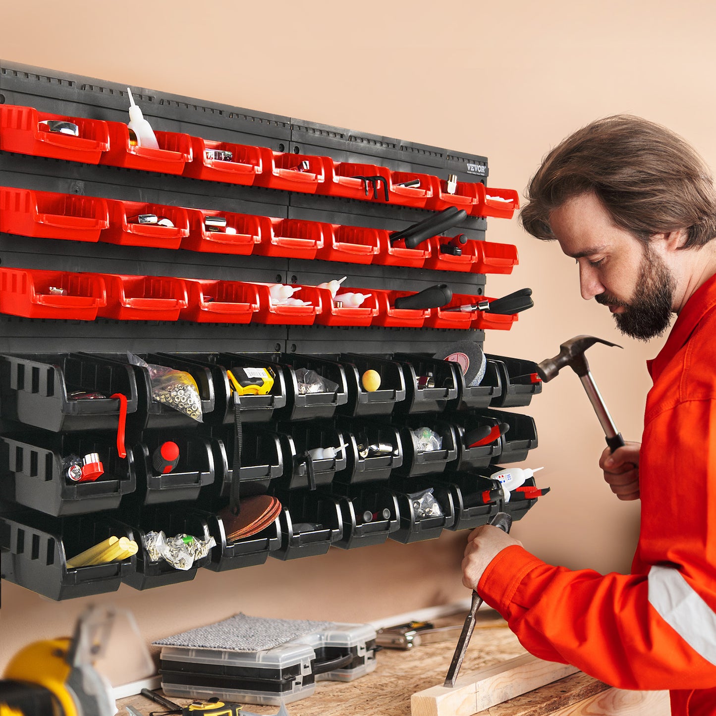 VEVOR Rangement mural pour pièces détachées, organiseur de garage à 48 compartiments en plastique avec panneaux muraux, rangement pour écrous, boulons, vis, clous, perles, boutons, autres petites pièces, noir et rouge