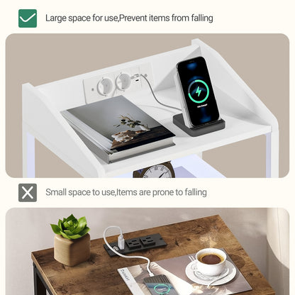 Ensemble de 2 tables de chevet, avec lumières LED et station de charge, table d'appoint avec 2 tiroirs en tissu et étagères, avec ports USB et prises, pour chambre à coucher, salon, blanc